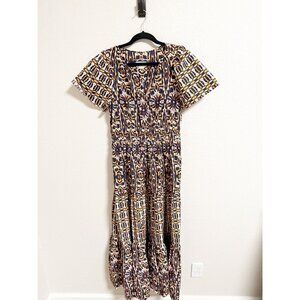 Anthropologie Somerset Tiered Maxi Dress Short Sleeve V Neck Floral Medium